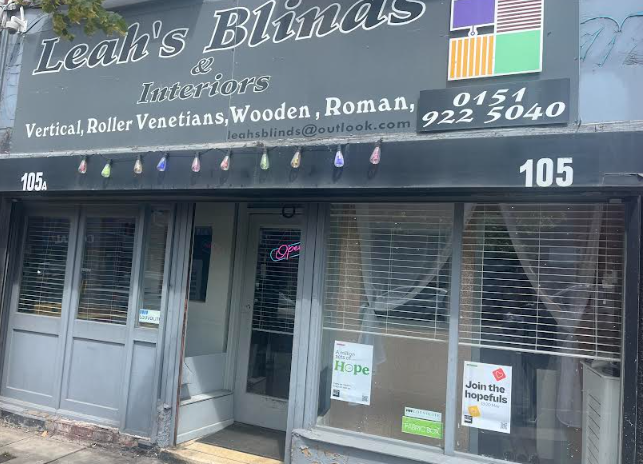 Leah's Blinds & Interiors shopfront, 105 Knowsley Road, Liverpool