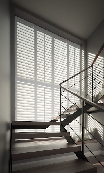 Full-height plantation shutters, staircase